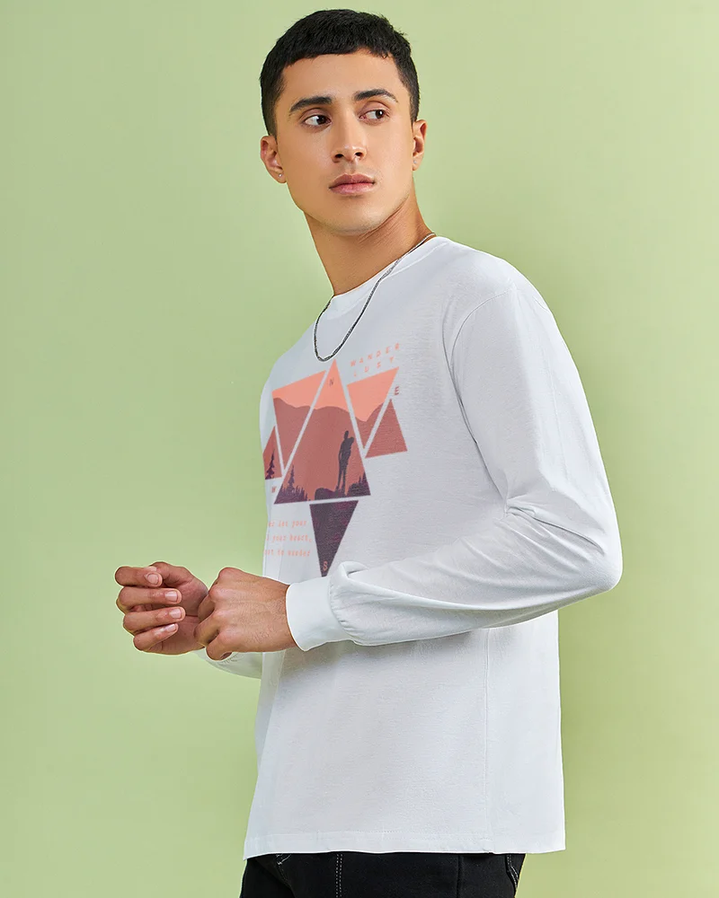 بيواكوف Men's White Wander Geometry Graphic Printed Oversized T-shirt